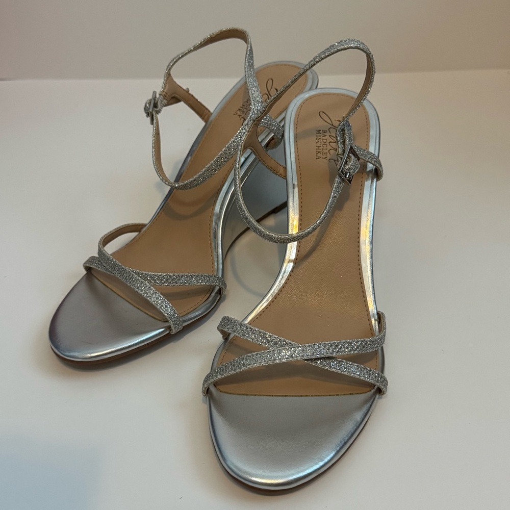 Jewel Badgley Mischka Metallic Strappy Silver Wedge Sandals